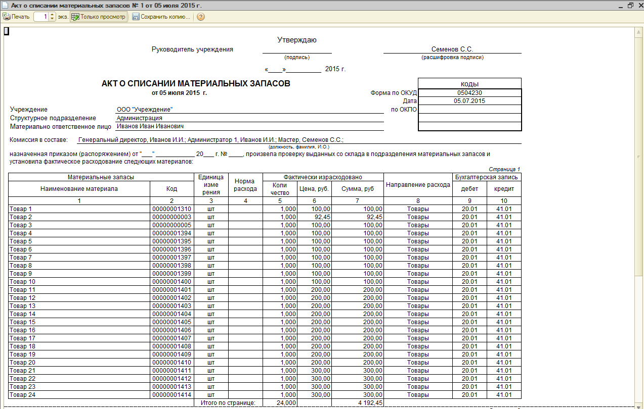 Акт на списание материалов образец в доу