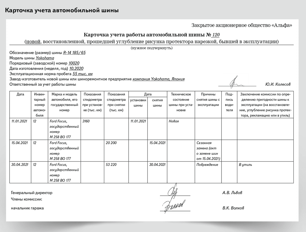 Карточка учета автомобильных шин образец