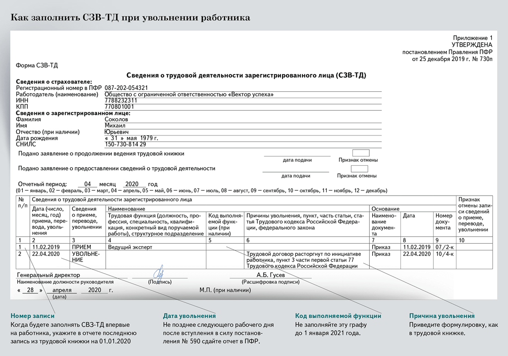 Образец заполнения сзв тд при увольнении образец