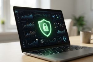 Ноутбук с панелью управления сайтом и индикатором защиты