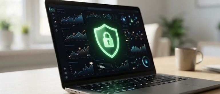 Ноутбук с панелью управления сайтом и индикатором защиты