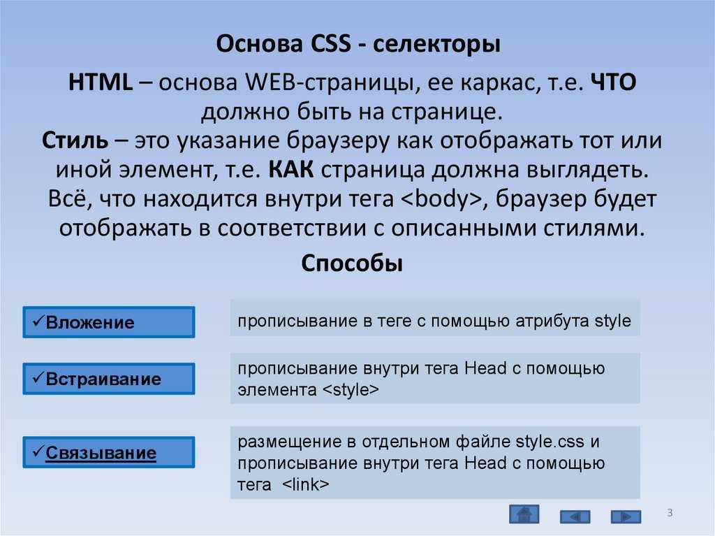 Селекторы в CSS позволяют браузеру понять для какого элемента использовать данные правила Бывают секторы тега, class, Id, универсальные и на основе атрибутов