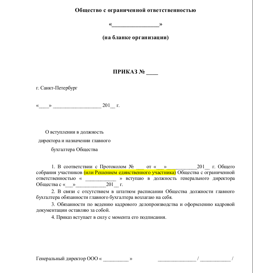 Приказ единственного учредителя о назначении себя директором образец