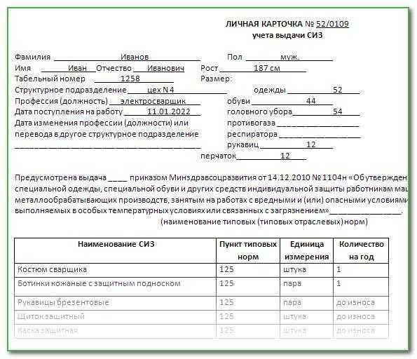 Личная карточка учета выдачи сиз: образец заполнения 2022