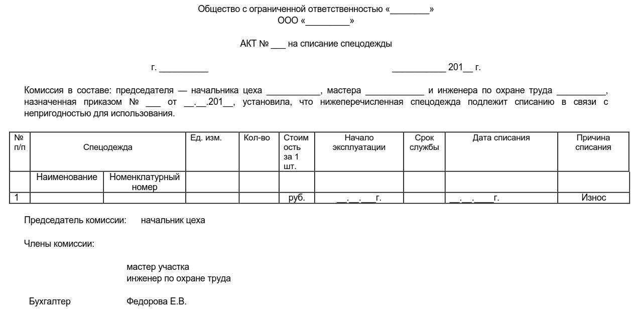 Приказ о списании спецодежды образец