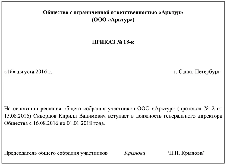 Образец приказа о назначении директора