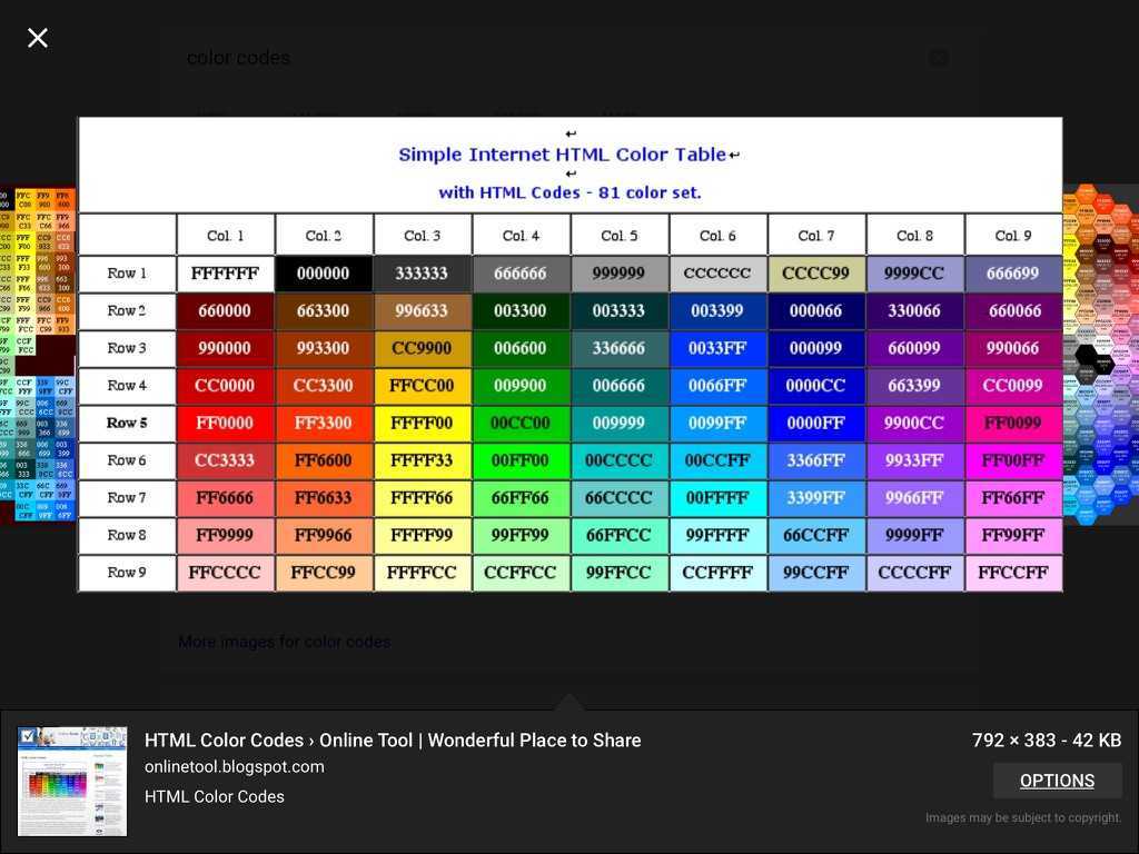 Таблица цветов html коды