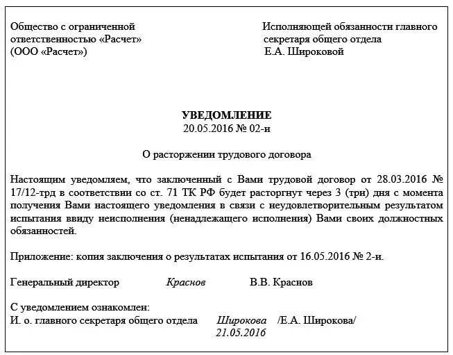 Уведомление об увольнении на испытательном сроке по инициативе работодателя образец